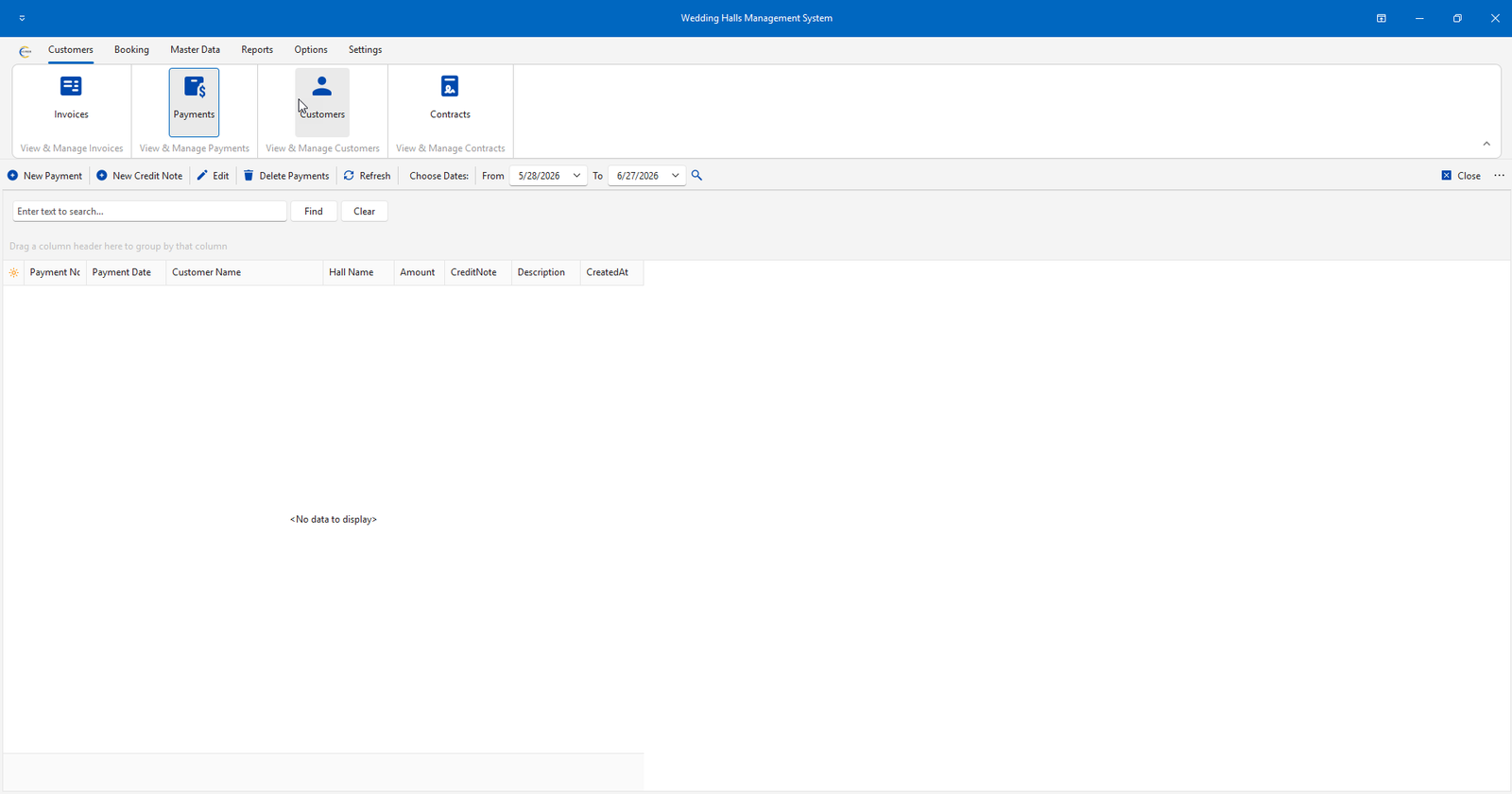 HMF Events dashboard with invoices, payments, customers, and contracts