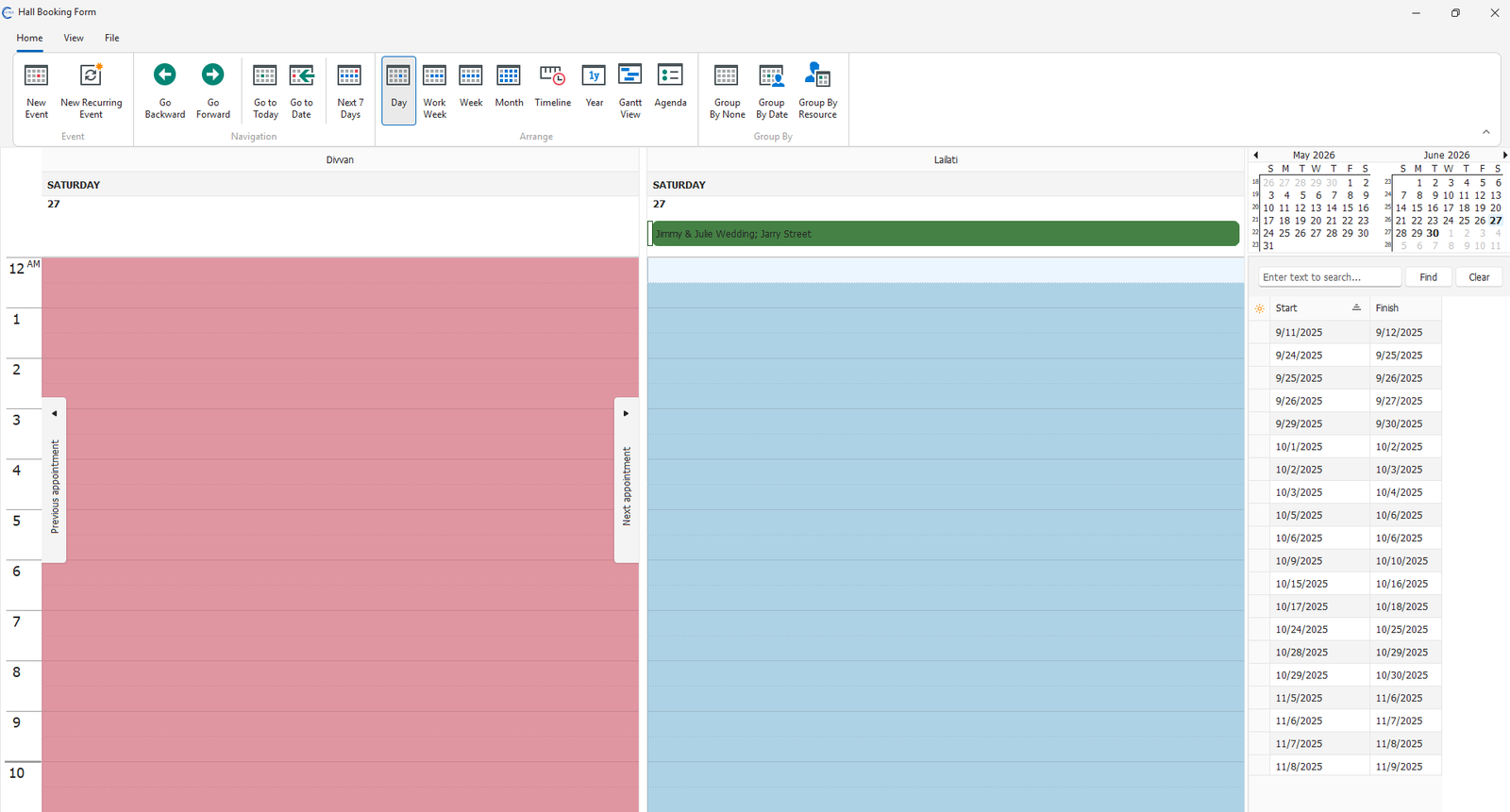 HMF Events hall booking calendar with multiple halls and events