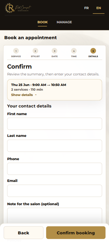 HMF Booking public booking confirmation step