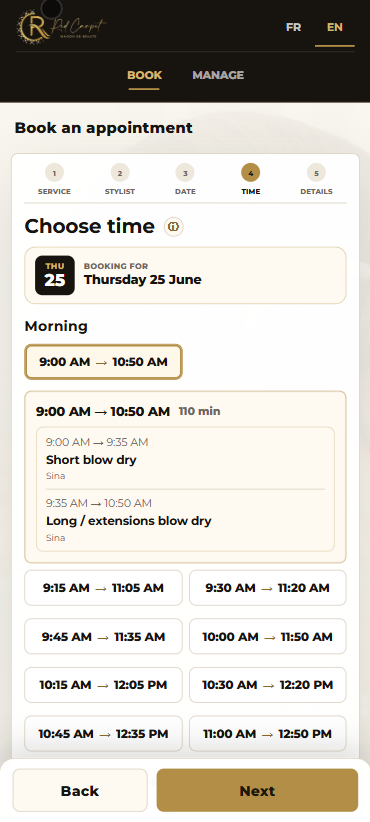 HMF Booking customer flow — choosing a time