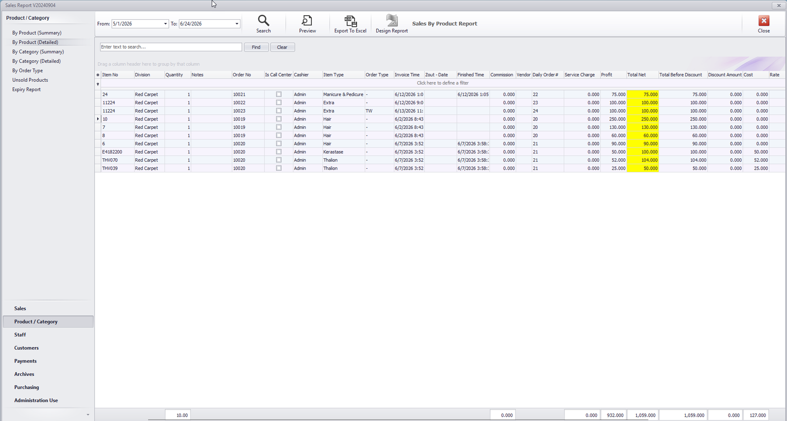 HMF Restaurant POS sales report screen